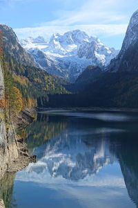 Scenic view of lake and snowcapped mountains against sky