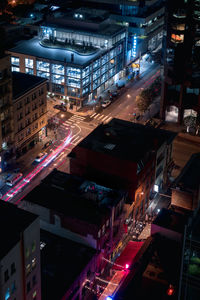 High angle view of illuminated road in city