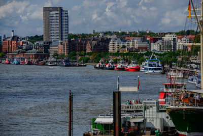 Sea by buildings against sky in city