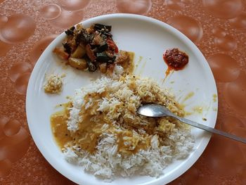 High angle view of food in plate on table