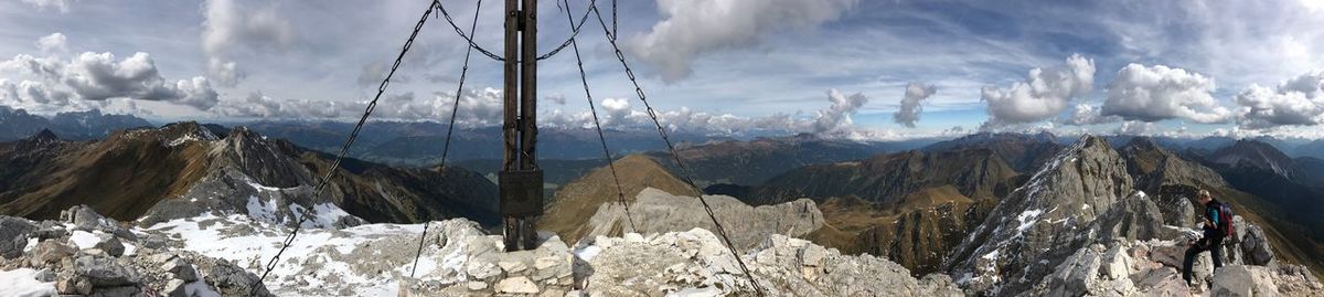 Panoramic view of snowcapped mountains against sky