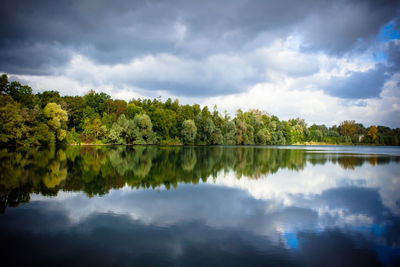 Reflection of trees in lake against sky