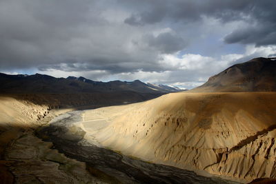 The cold desert of himalayas, ladakh. on an overcast day