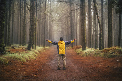 Rear view of man with arms outstretched standing on field in forest