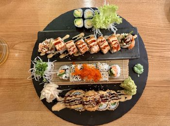 High angle view of sushi on table