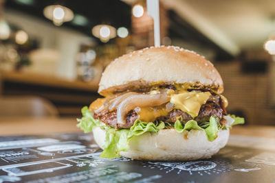 Close-up of burger on table