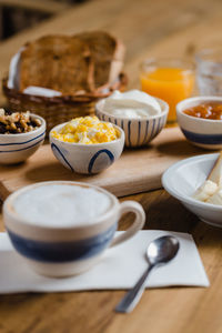 Close-up of breakfast served on table