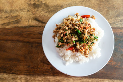 High angle view of meal served on table