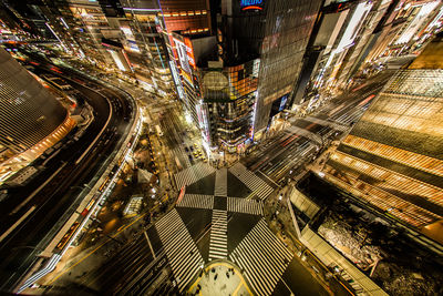 High angle view of city street at night