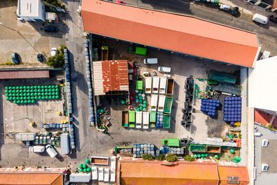 Aerial view of a small factory in marvila industrial area, lisbon, portugal.