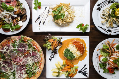 High angle view of meal served on table