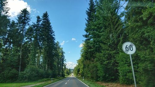 Road sign by trees against sky