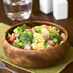 High angle view of salad in bowl on table