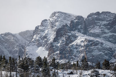 Low angle view of snowcapped mountains against sky