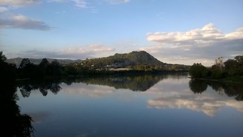 Scenic view of lake by trees against sky