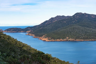 View from above on picturesque lagoon and mountains in tasmania