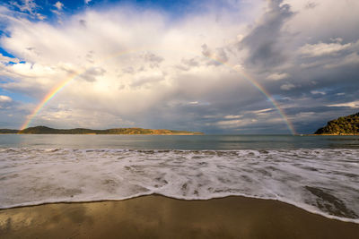 Scenic view of beach against sky during sunset