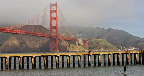 Suspension bridge over river