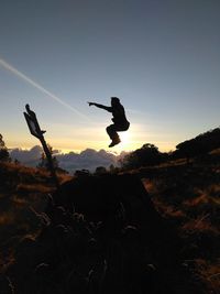 Silhouette man jumping over plants against sky during sunset