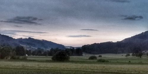 View of trees on landscape against sky