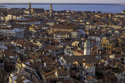 Aerial panoramic view of venice and the lagoon from the top of campanile di san marco 