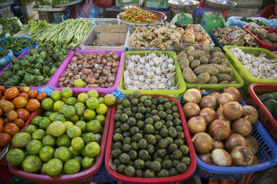 High angle view of vegetables for sale in market