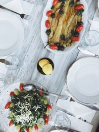 High angle view of meal served on table