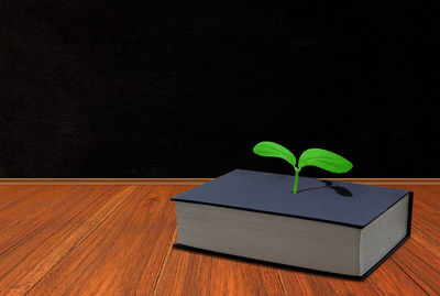 Close-up of open book on table against black background