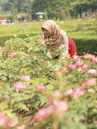 Rear view of woman with pink flowering plants