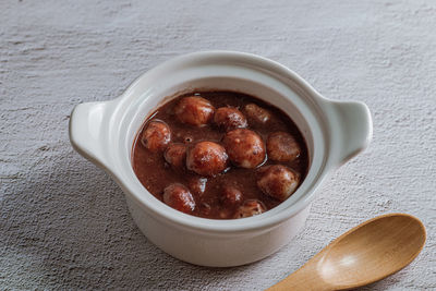 High angle view of dessert in bowl on table