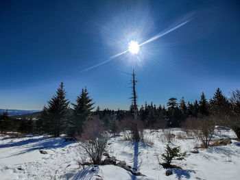 Scenic view of snow covered field against bright sun