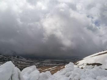 Snow covered landscape against sky