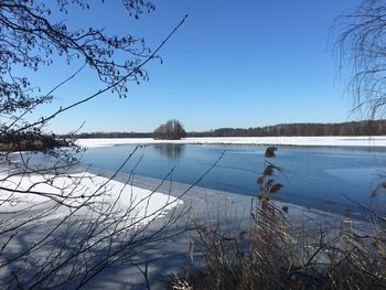 Scenic view of lake against clear blue sky