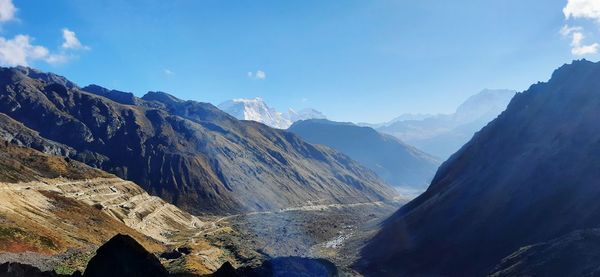 Panoramic view of snowcapped mountains against sky