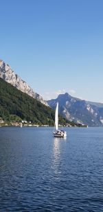 Sailboat sailing on sea against clear sky