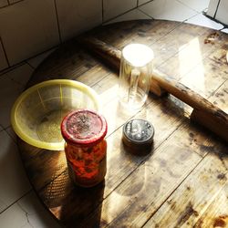 High angle view of glasses on table