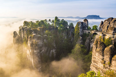 High angle view of bastei during foggy weather