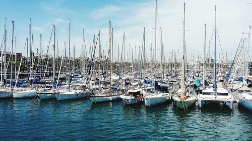 Sailboats moored on harbor against sky