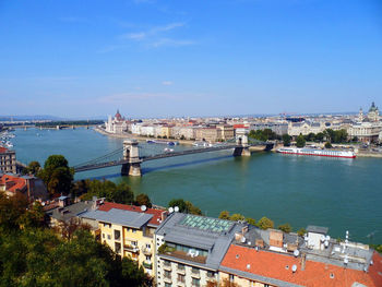 High angle view of city at riverbank