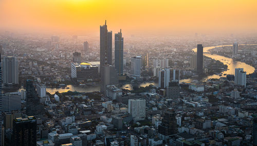 High angle view of cityscape of bangkok during sunset