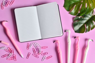 High angle view of book with leaves and paper clips by pen on pink background
