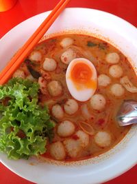 High angle view of soup in bowl