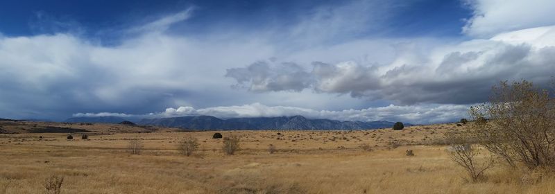 Panoramic view of agricultural field against sky