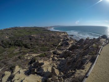 Scenic view of sea against clear blue sky