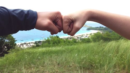 Cropped hands of friends punching on grassy field against sky