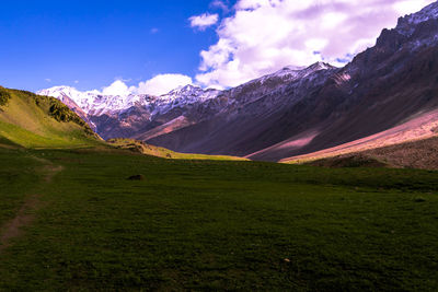 Scenic view of snowcapped mountains against sky