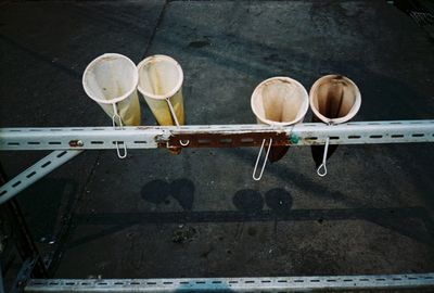 High angle view of objects on wood