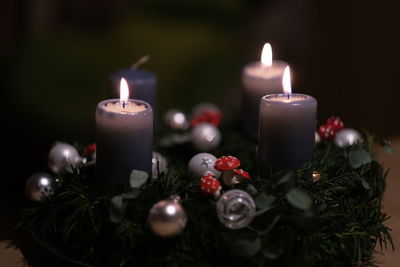 Close-up of christmas decorations on table