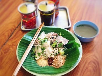 High angle view of breakfast served on table