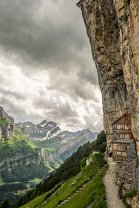 Scenic view of mountains against cloudy sky